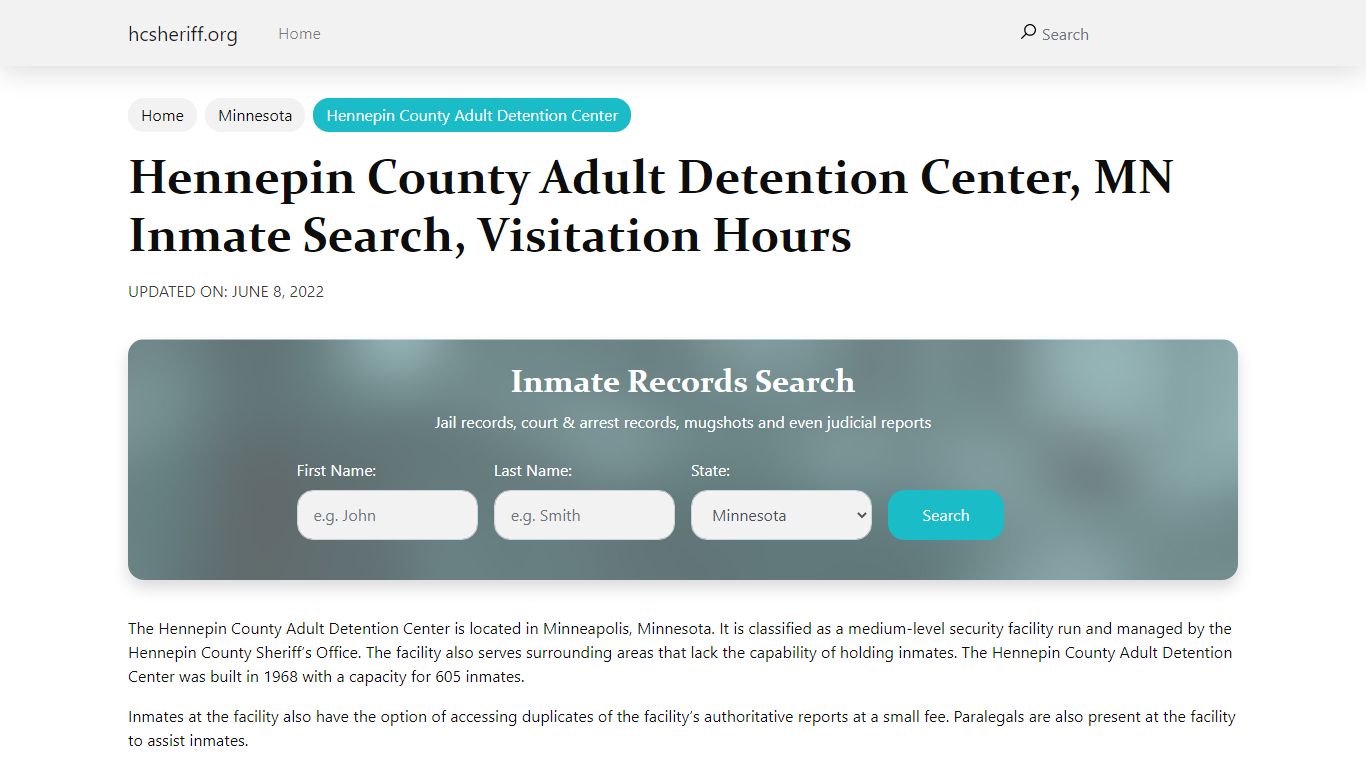 Hennepin County Adult Detention Center, MN Inmate Search, Visitation Hours